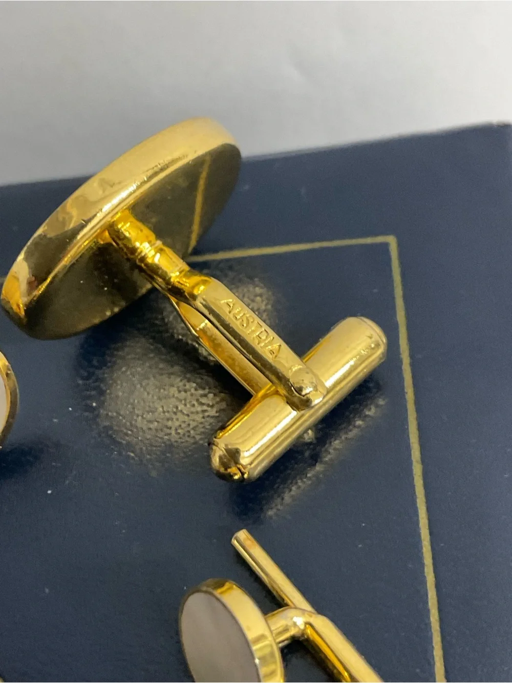 Vintage AUSTRIA Mother Pearl Cufflinks Shirt Studs Set Gold Tone Tuxedo Formal
